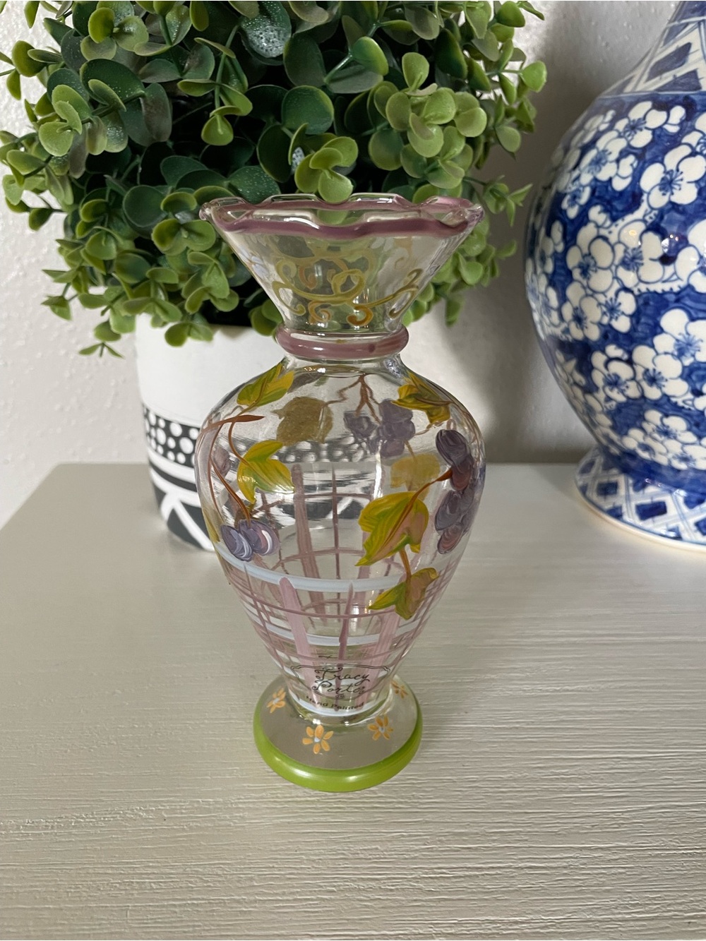 Tracy Porter Small Glass Hand Painted Purple and Green Floral flower Vase